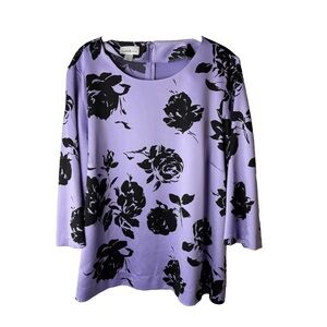 Jaclyn Smith Blouse Size XL Top 3/4 Sleeves Floral Purple Black Zip Back Satin